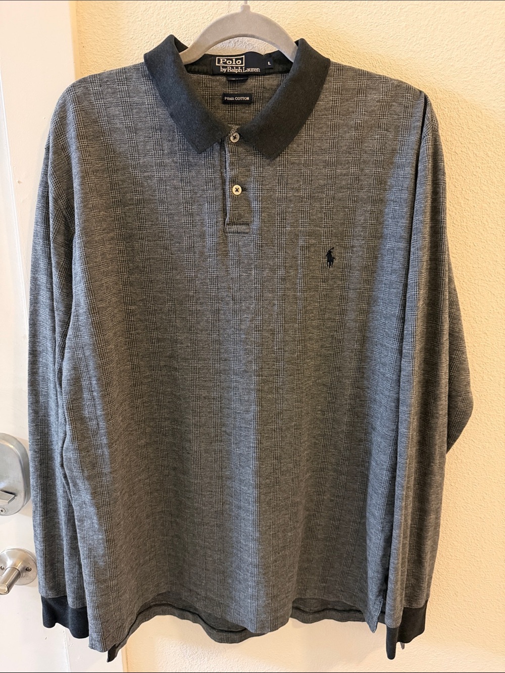 Polo Ralph Lauren Pima Cotton Long Sleeve Plaid Polo Shirt Men’s L Gray Black